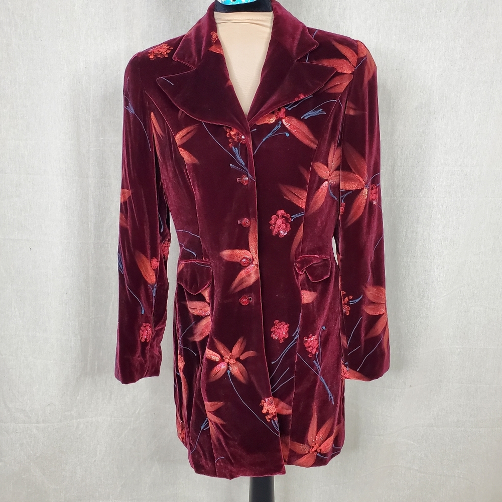 Vintage Burgandy Velvet Hand Painted Floral Blazer Size 12